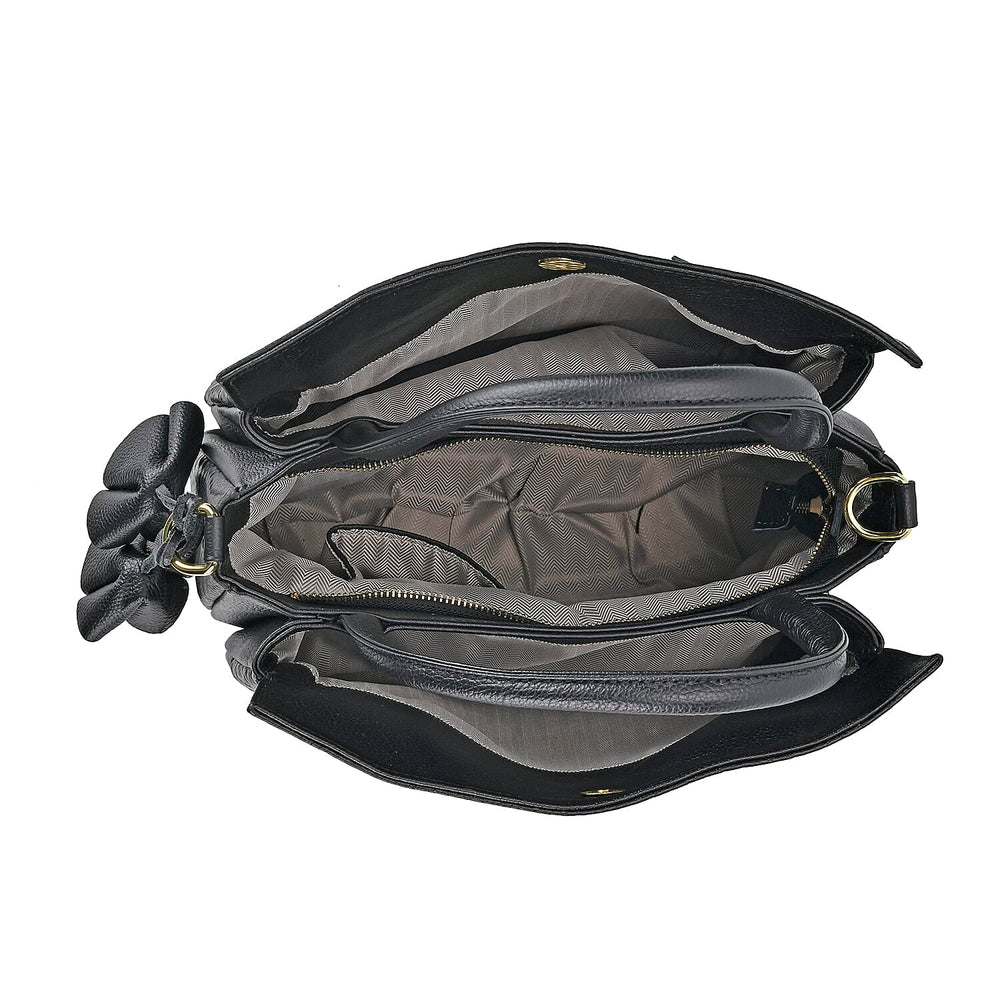 One Time Closeout Deal - 100% Genuine Leather Weave Patterned Crossbody Bag - Black