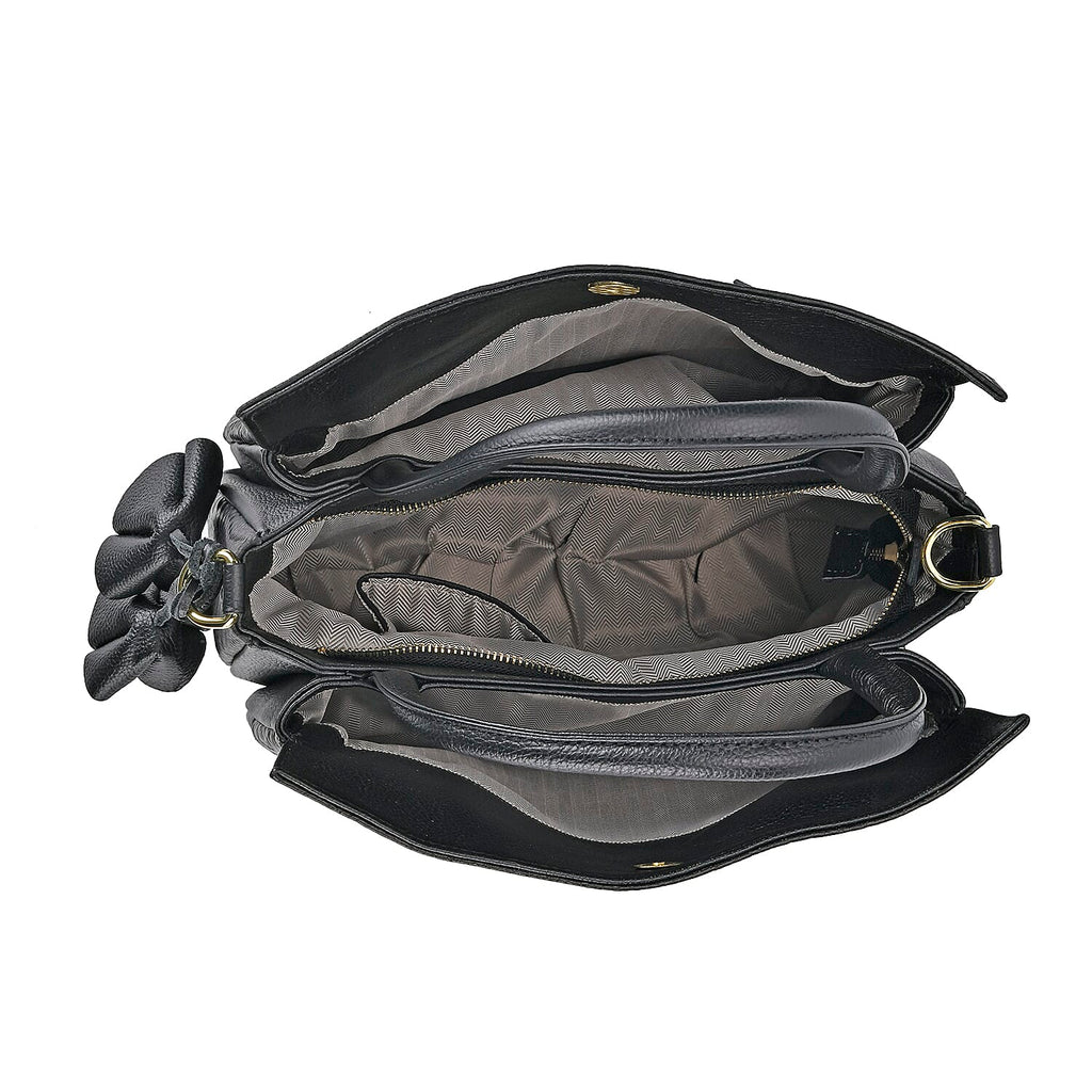 One Time Closeout Deal - 100% Genuine Leather Weave Patterned Crossbody Bag - Black