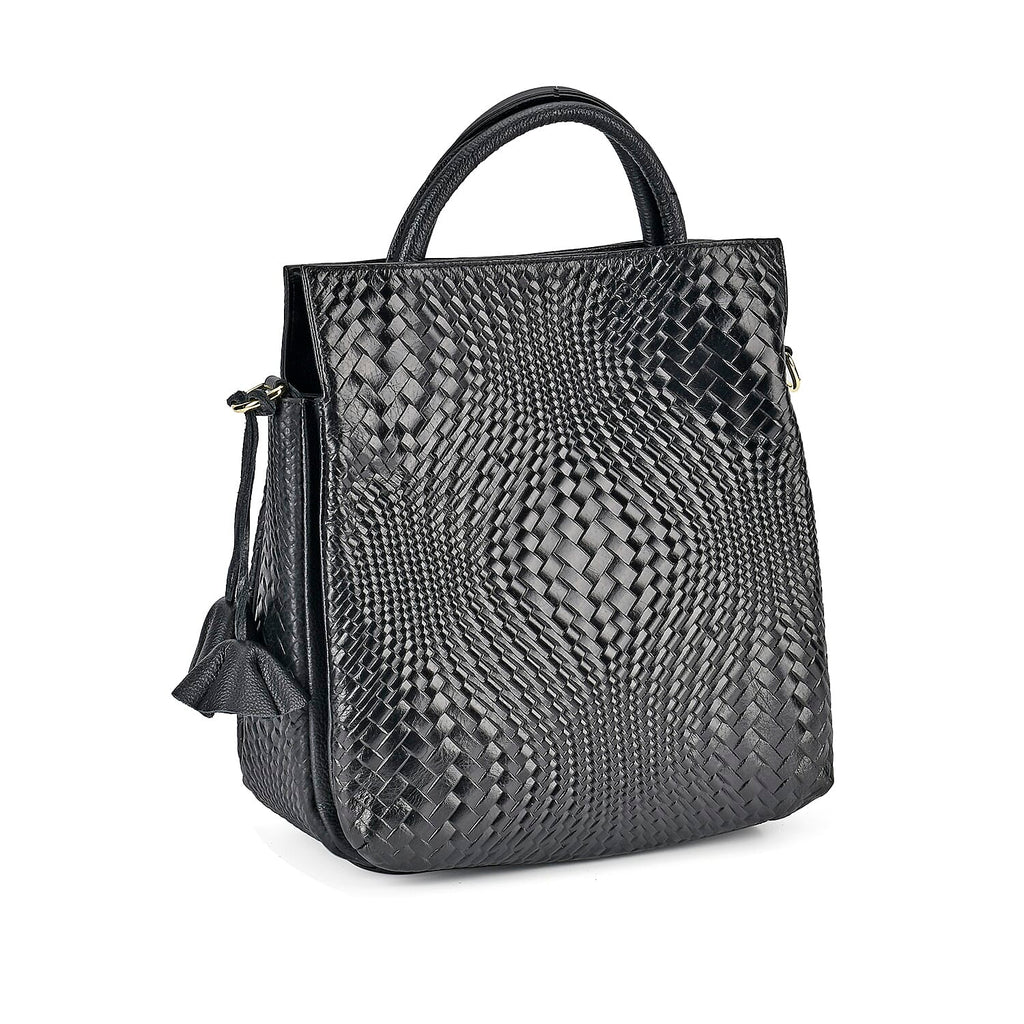 One Time Closeout Deal - 100% Genuine Leather Weave Patterned Crossbody Bag - Black