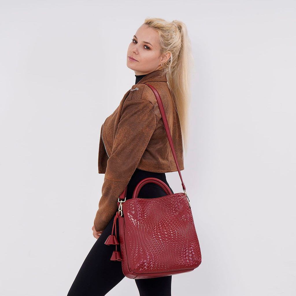 Closeout Deal - 100% Genuine Leather Weave Pattern Crossbody Bag - Burgundy