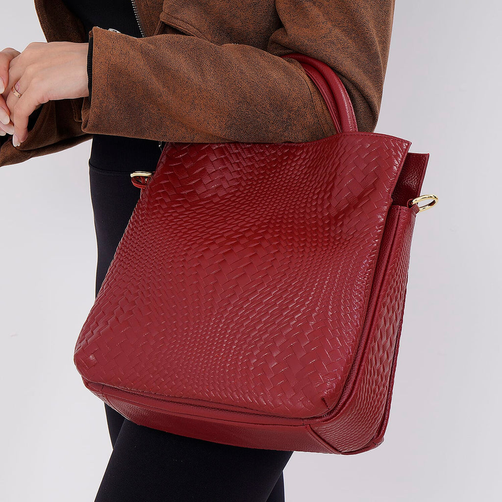 Closeout Deal - 100% Genuine Leather Weave Pattern Crossbody Bag - Burgundy