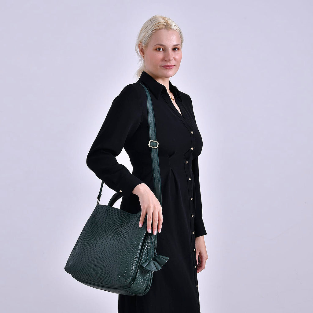 Closeout Deal - 100% Genuine Leather Weave Pattern Crossbody Bag - Green