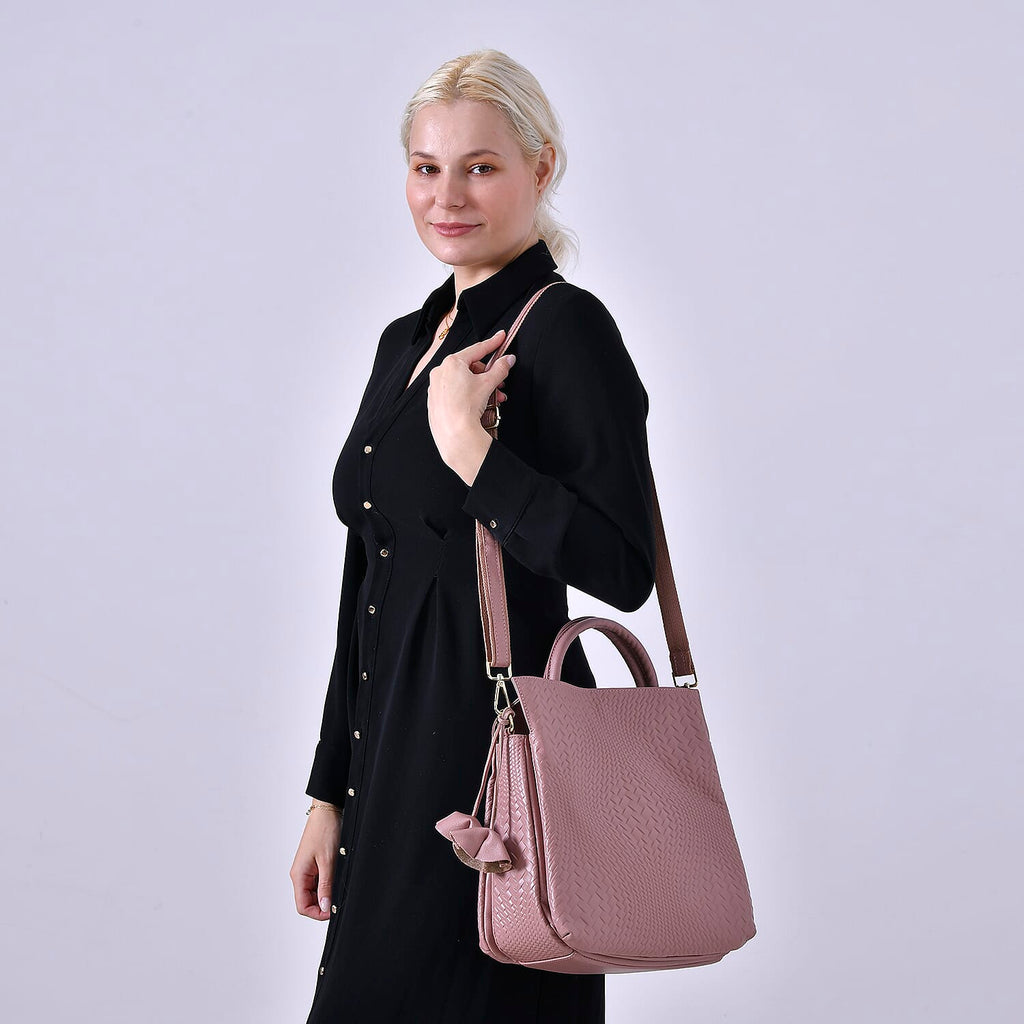 Closeout Deal - 100% Genuine Leather Weave Pattern Crossbody Bag - Pink