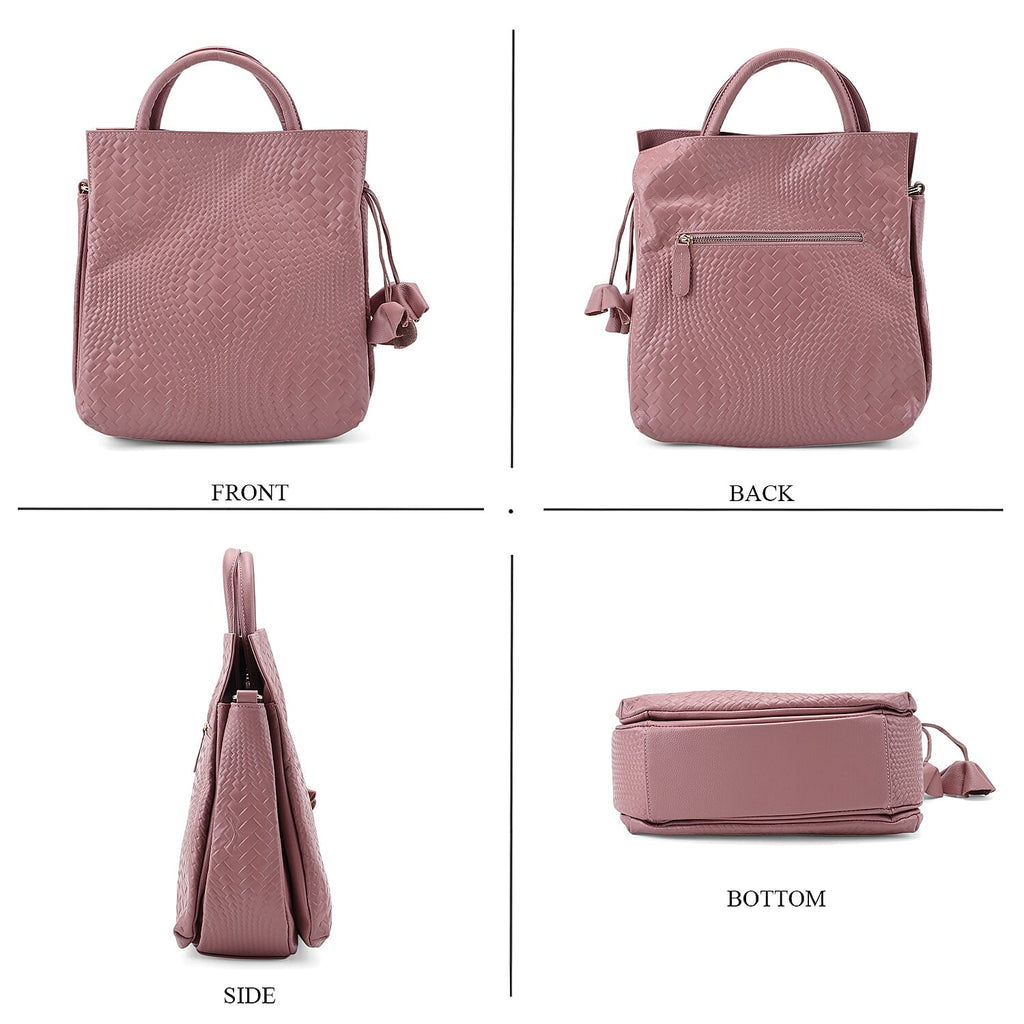 Closeout Deal - 100% Genuine Leather Weave Pattern Crossbody Bag - Pink