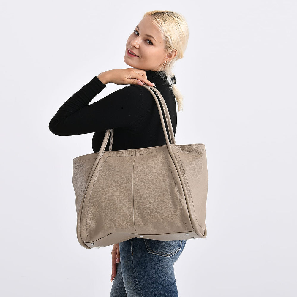 Genuine Leather Tote Bag - Beige