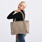 Genuine Leather Tote Bag - Beige