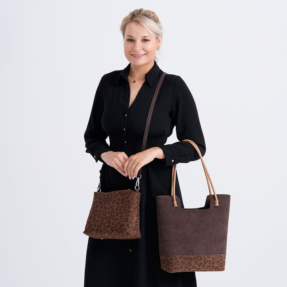 THE MOST SUMPTUOUS BAG LAUNCH - Set of 2 Exquisite Genuine Leather Tote Bag with Leopard Hand Bag - Espresso