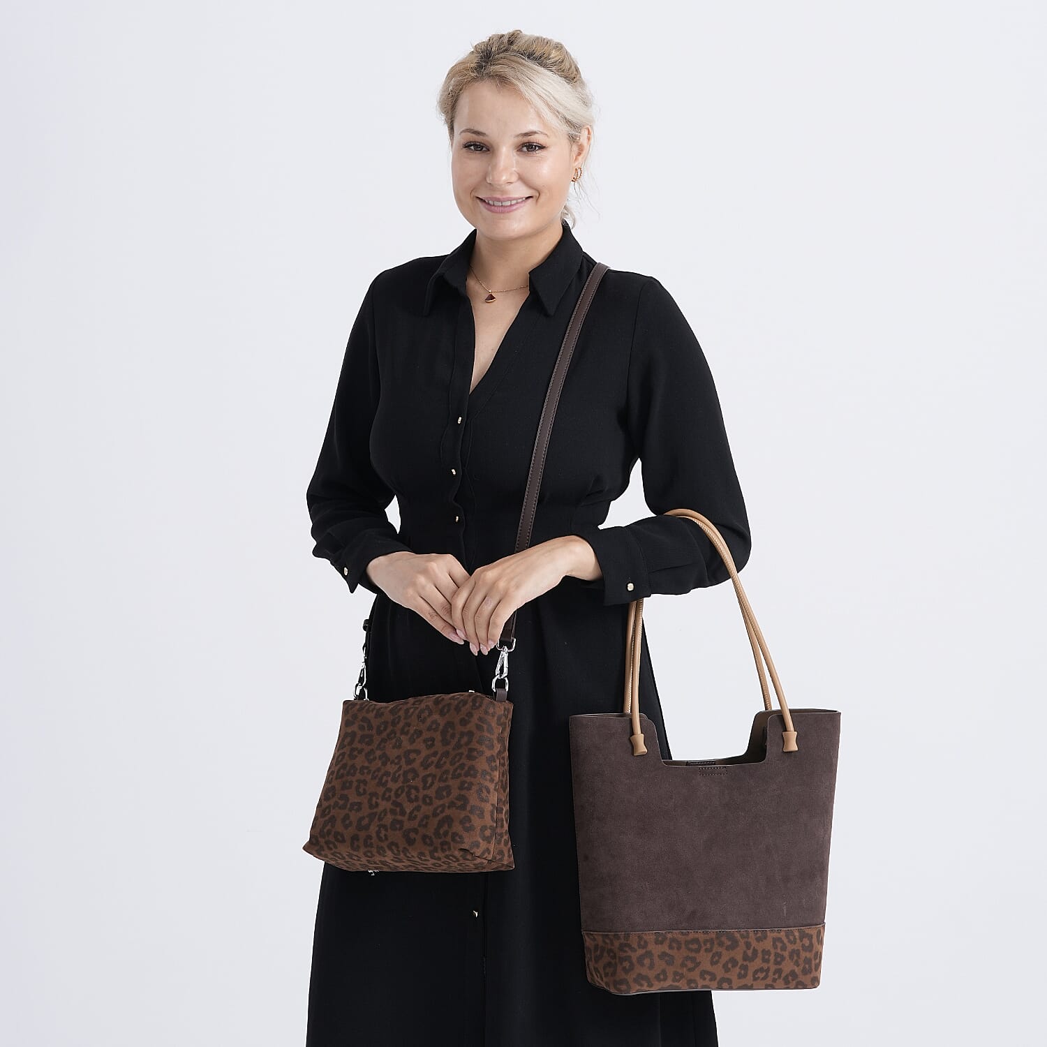 THE MOST SUMPTUOUS BAG LAUNCH - Set of 2 Exquisite Genuine Leather Tote Bag with Leopard Hand Bag - Espresso