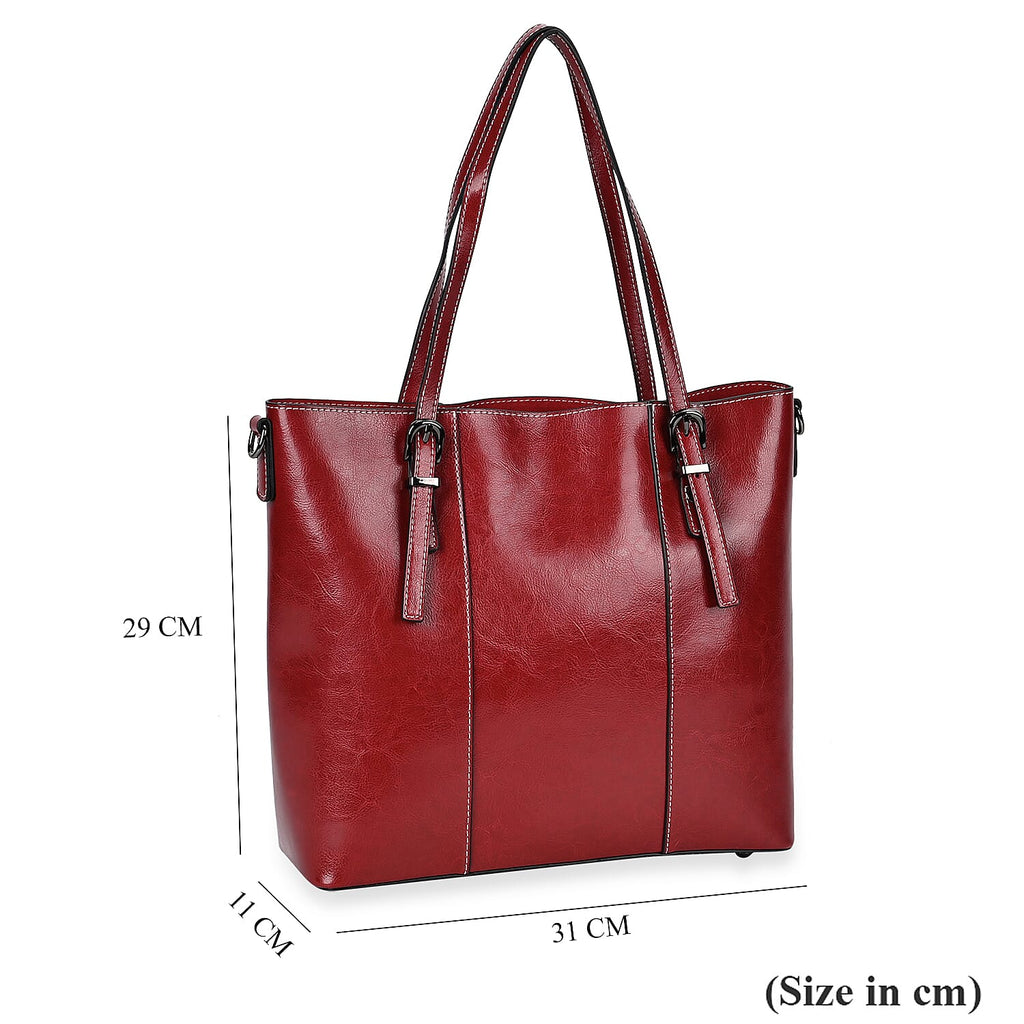 Designer Closeout Deal- Genuine Leather Handbag With Adjustable Leather Long Strap (Size 31x11x29 cm) - Burgundy