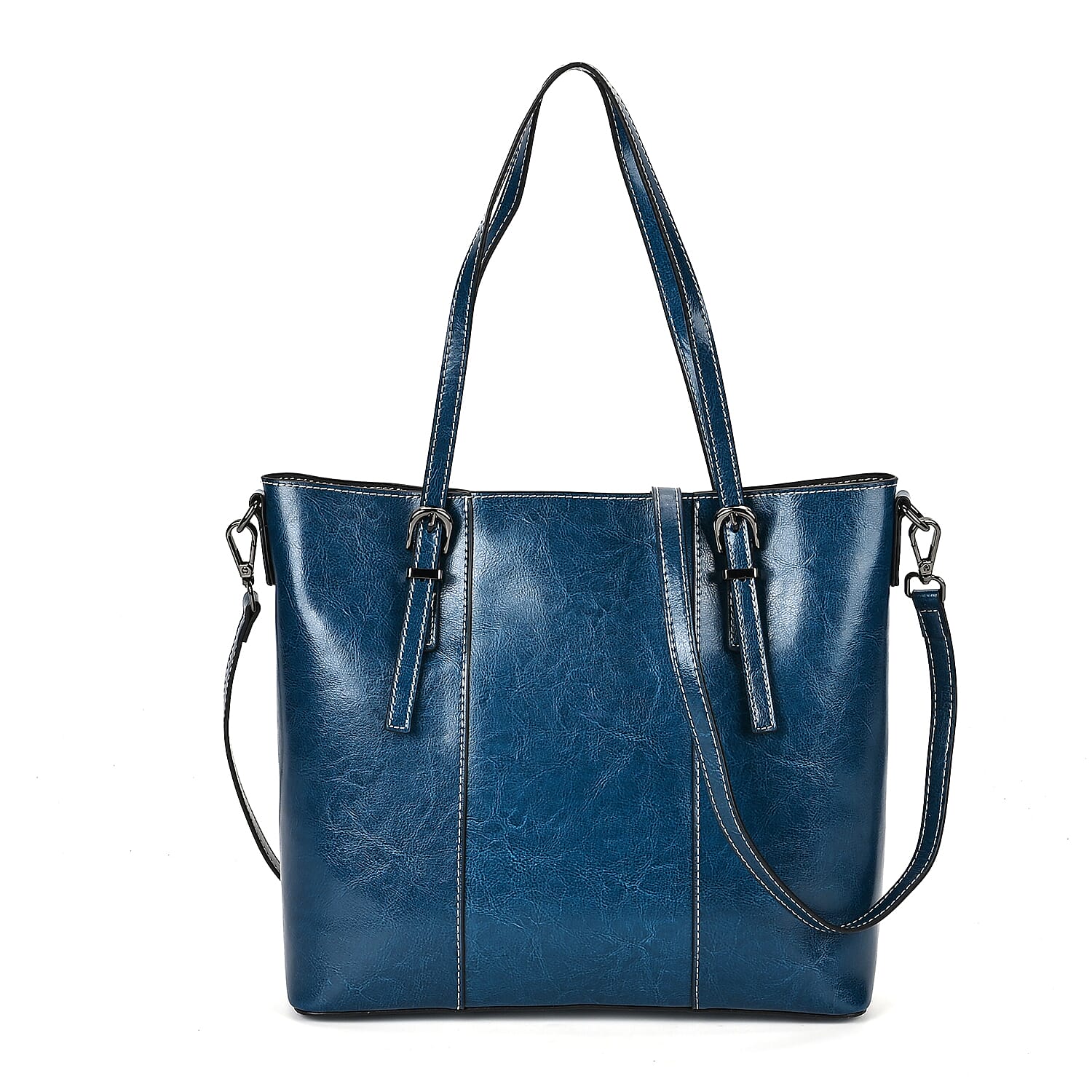 Designer Closeout Deal- Genuine Leather Handbag With Adjustable Leather Long Strap (Size 31x11x29 cm) - Navy