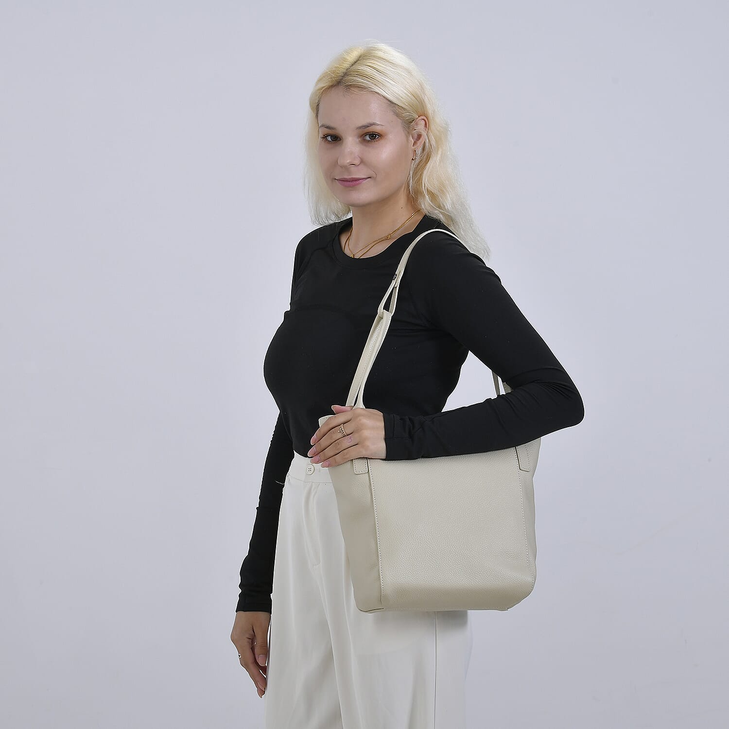 Leather Patterned Tote Bag (Size 34x14x29 cm) - Off White & Pink
