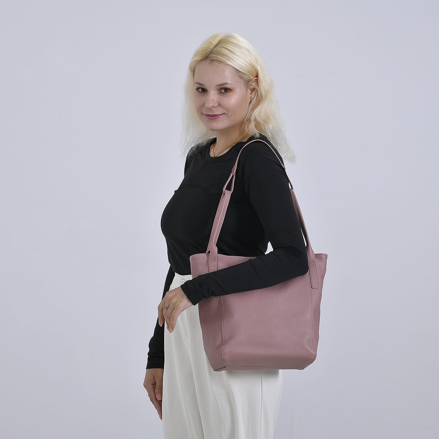 Leather Patterned Tote Bag (Size 34x14x29 cm) - Pink & Pink
