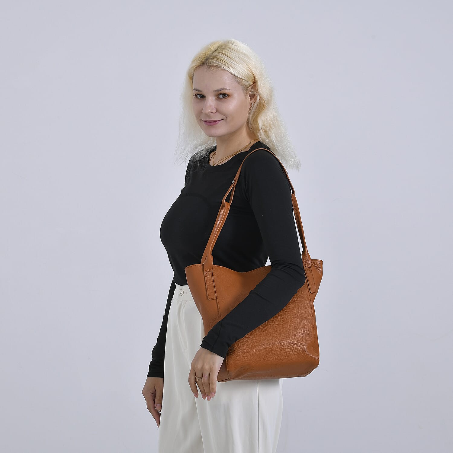Leather Patterned Tote Bag (Size 34x14x29 cm) - Tan & Pink