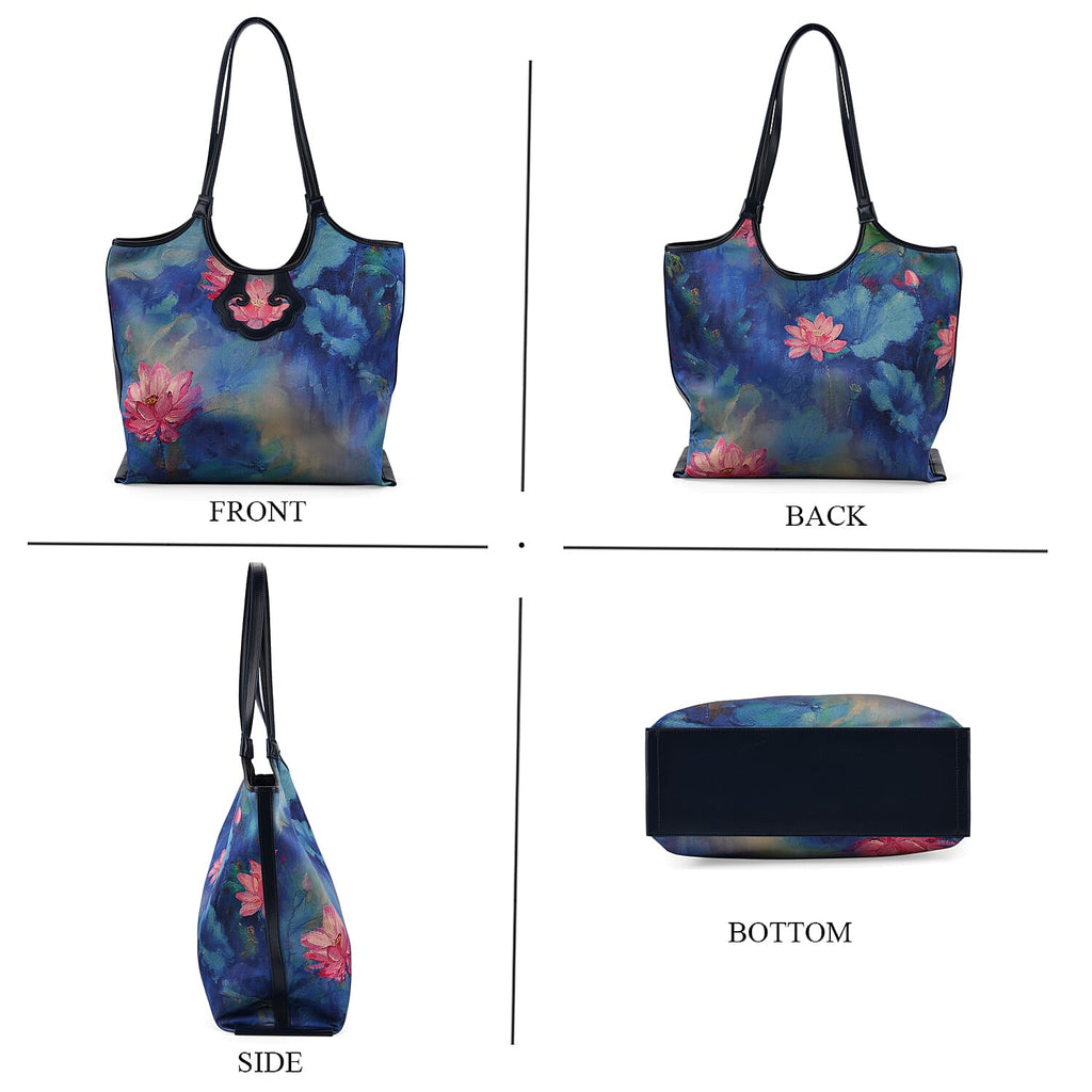 Silk Shaped by Generations - Limited Edition - Genuine Leather Tote Bag with Floral Mulberry Silk Art - Blue - Multicolor
