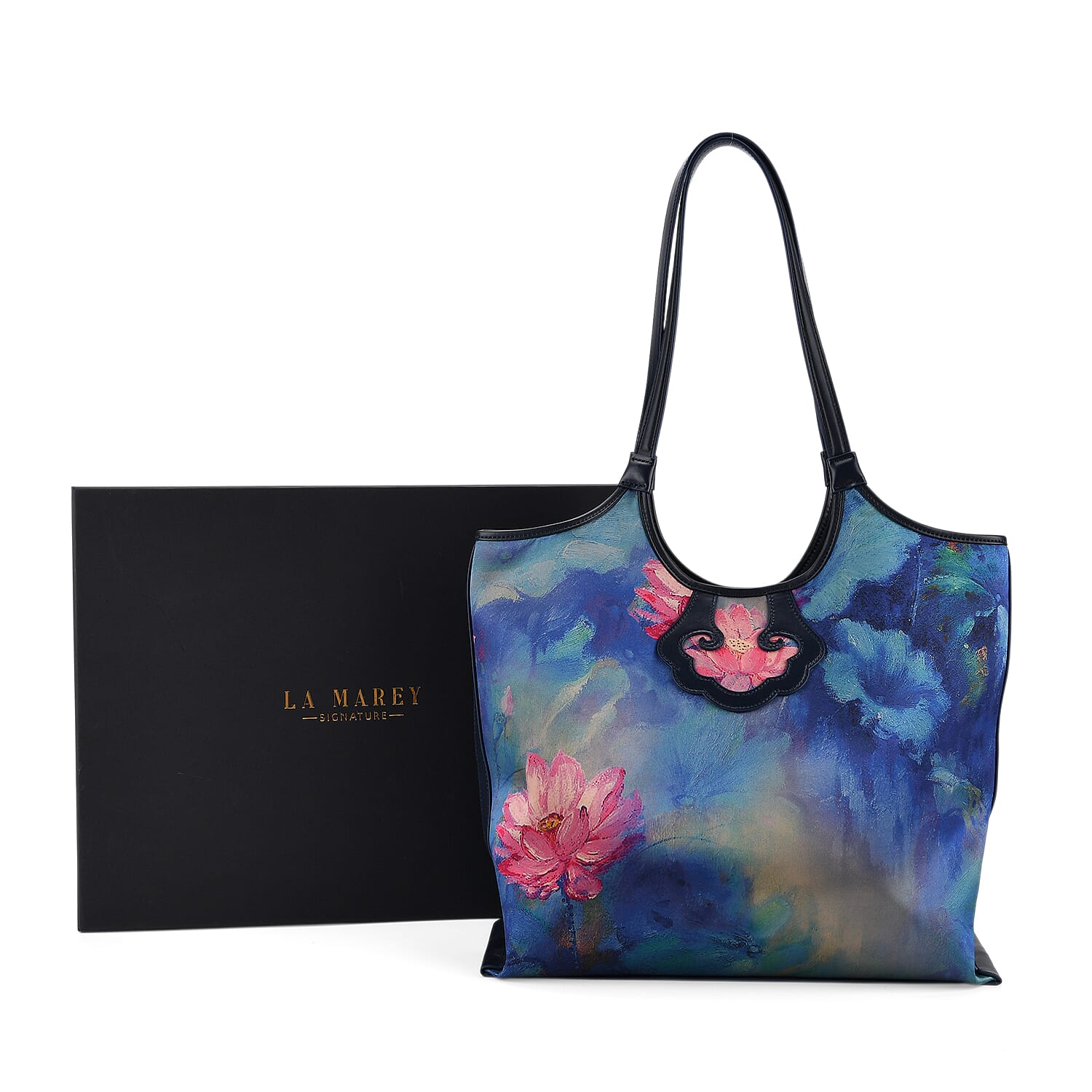Silk Shaped by Generations - Limited Edition - Genuine Leather Tote Bag with Floral Mulberry Silk Art - Blue - Multicolor