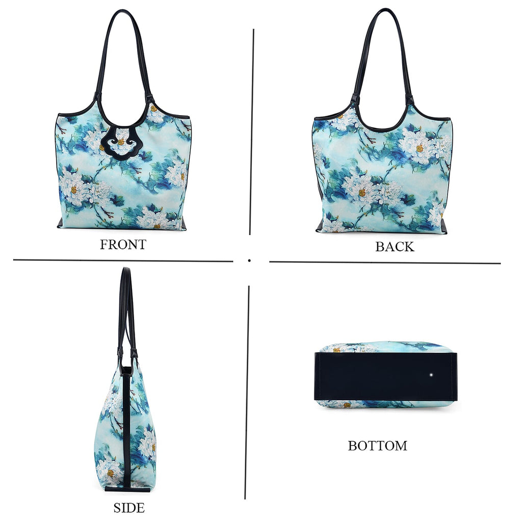 Silk Shaped by Generations - Limited Edition - Genuine Leather Tote Bag with Floral Mulberry Silk Art - Light Blue