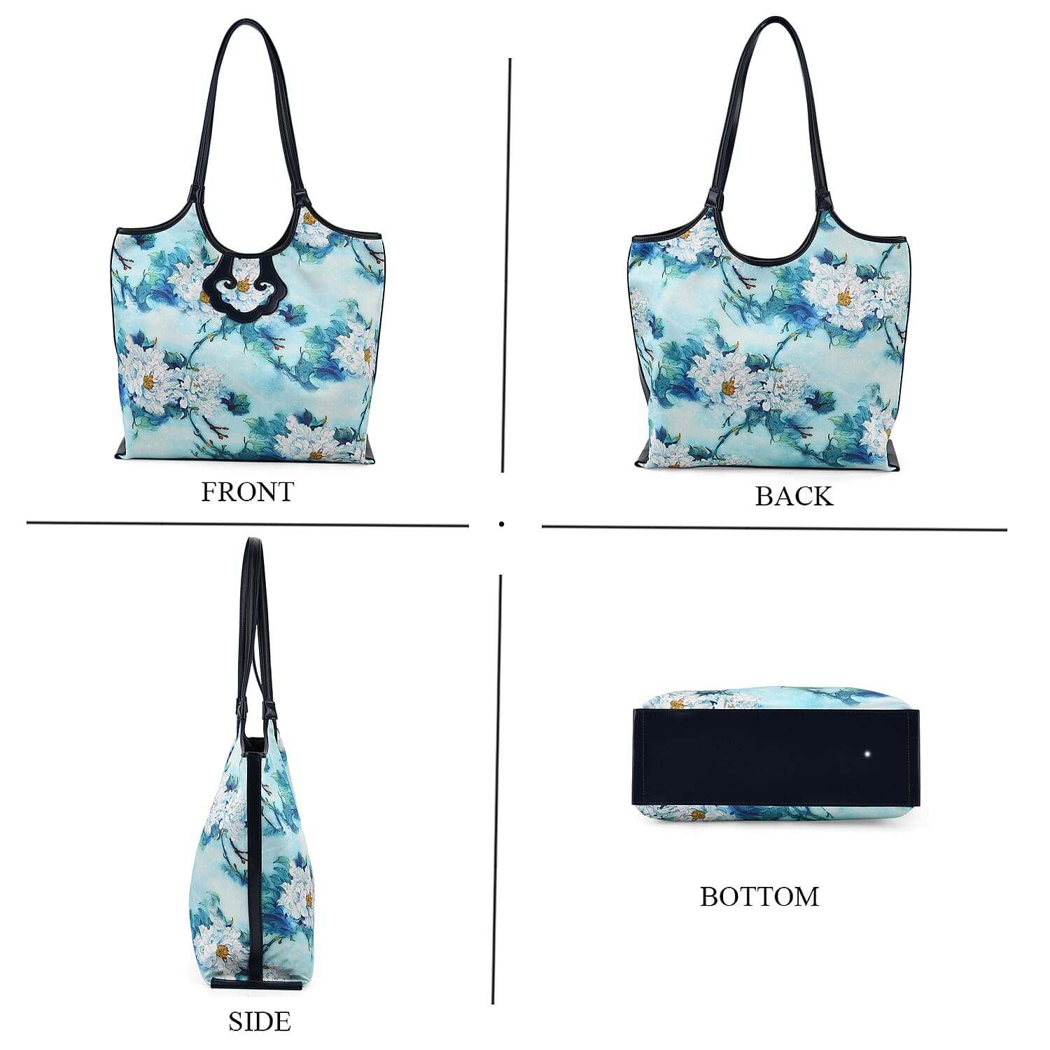 Silk Shaped by Generations - Limited Edition - Genuine Leather Tote Bag with Floral Mulberry Silk Art - Light Blue