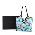 Silk Shaped by Generations - Limited Edition - Genuine Leather Tote Bag with Floral Mulberry Silk Art - Light Blue