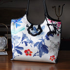Silk Shaped by Generations - Limited Edition - Genuine Leather Tote Bag with Floral Mulberry Silk Art - White - Multicolour