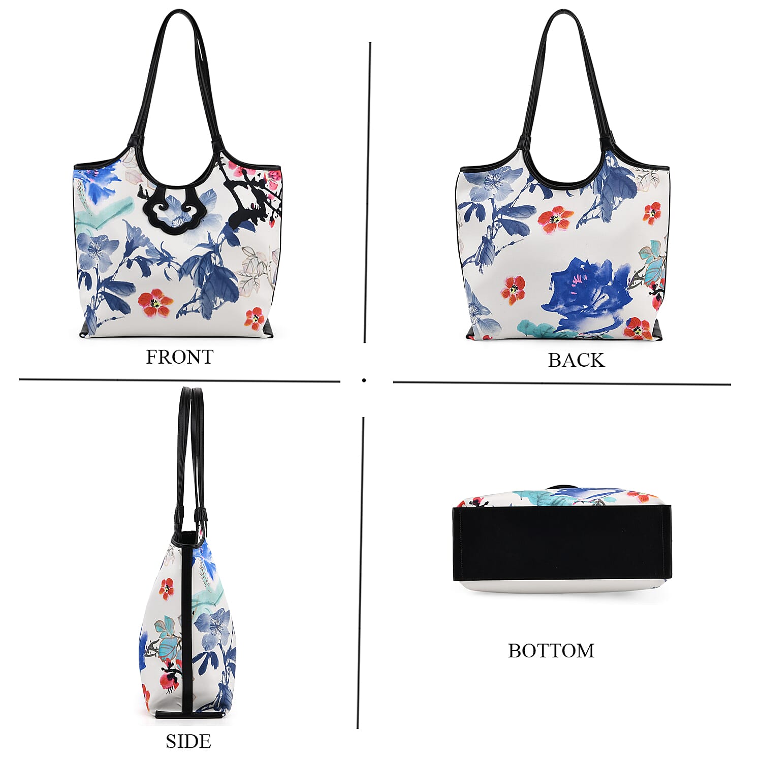 Silk Shaped by Generations - Limited Edition - Genuine Leather Tote Bag with Floral Mulberry Silk Art - White - Multicolour