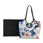 Silk Shaped by Generations - Limited Edition - Genuine Leather Tote Bag with Floral Mulberry Silk Art - White - Multicolour