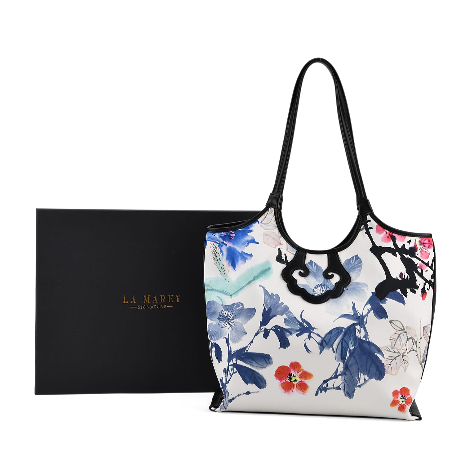 Silk Shaped by Generations - Limited Edition - Genuine Leather Tote Bag with Floral Mulberry Silk Art - White - Multicolour