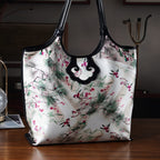 Silk Shaped by Generations - Limited Edition - Genuine Leather Tote Bag with Floral - Bird Mulberry Silk Art - White - Pink