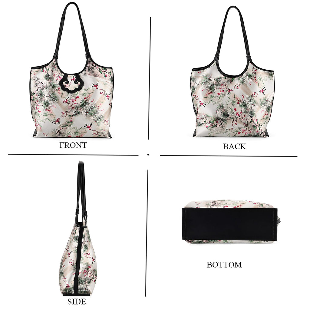 Silk Shaped by Generations - Limited Edition - Genuine Leather Tote Bag with Floral - Bird Mulberry Silk Art - White - Pink
