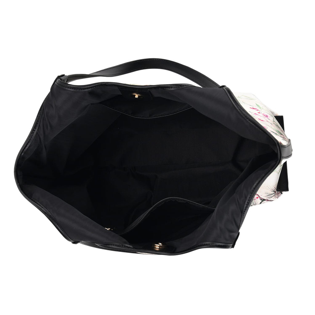 Silk Shaped by Generations - Limited Edition - Genuine Leather Tote Bag with Floral - Bird Mulberry Silk Art - White - Pink