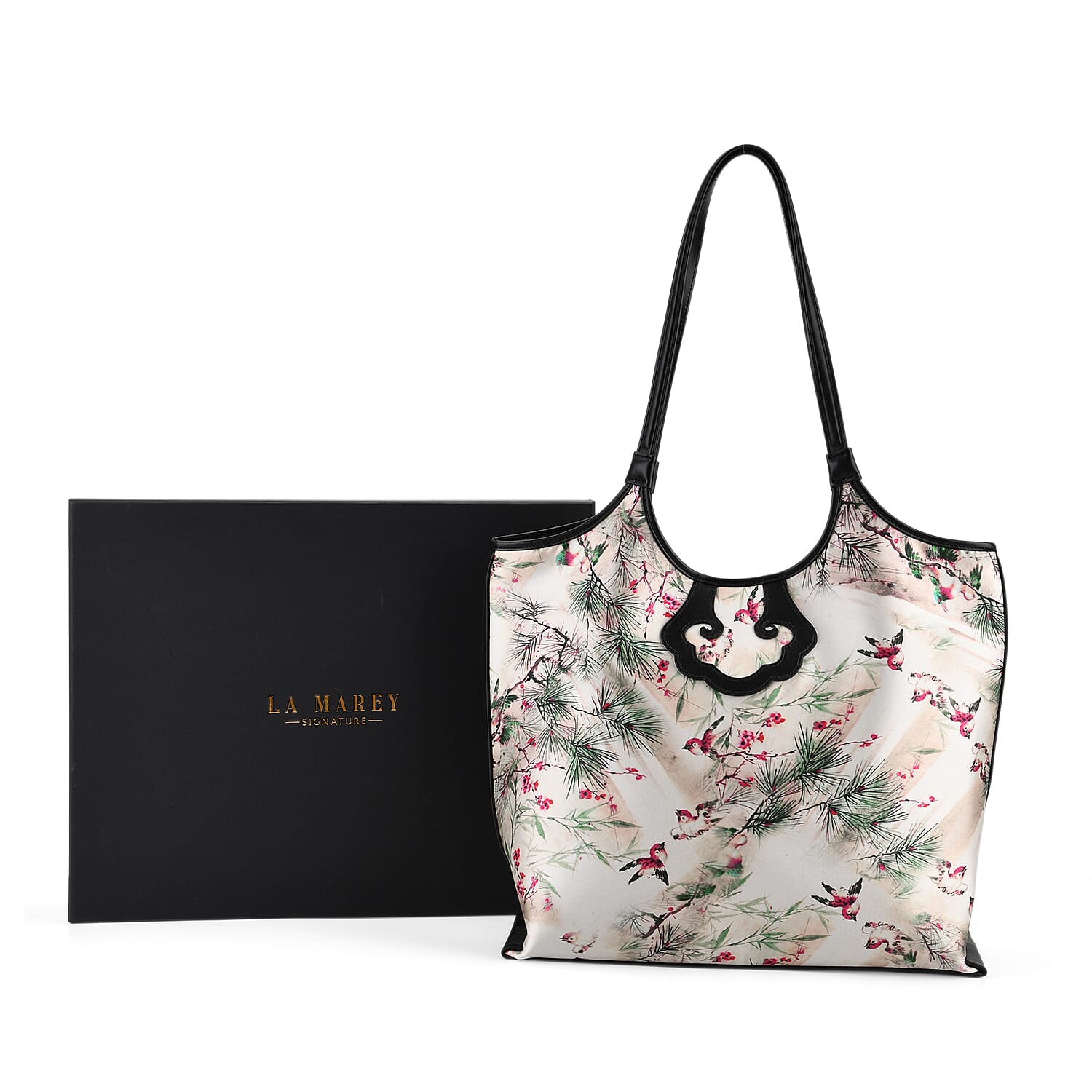 Silk Shaped by Generations - Limited Edition - Genuine Leather Tote Bag with Floral - Bird Mulberry Silk Art - White - Pink