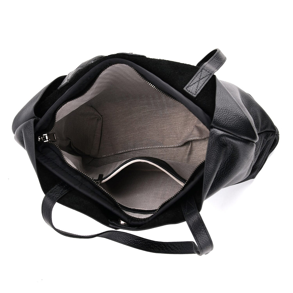 2-in-1 Genuine Leather Tote Bag - Pouch - Black
