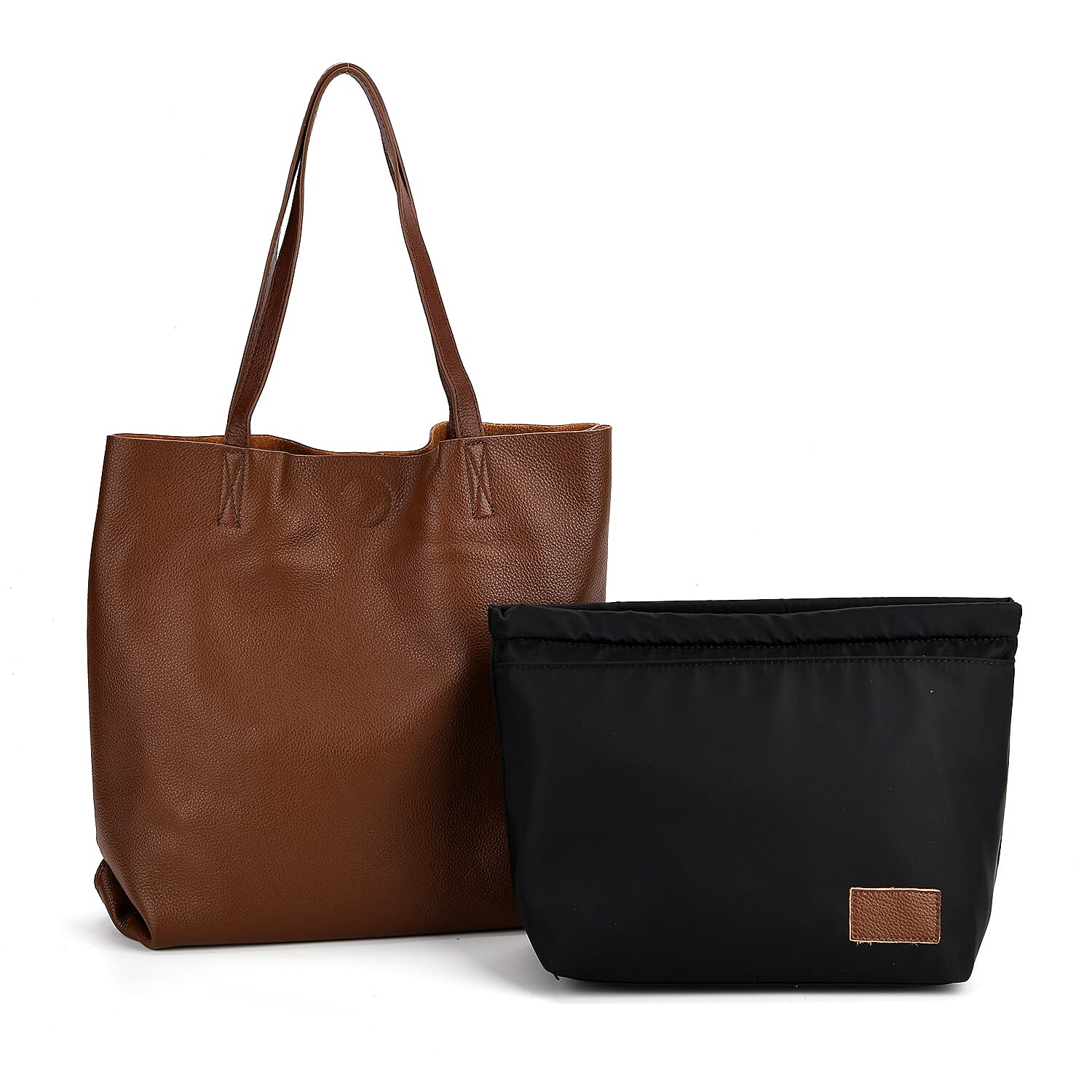 2-in-1 Genuine Leather Tote Bag - Pouch - Brown