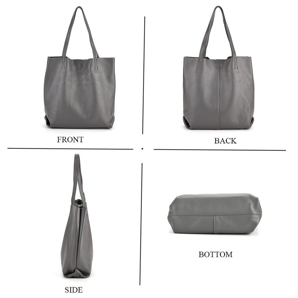 2-in-1 Genuine Leather Tote Bag - Pouch - Light Grey