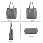 2-in-1 Genuine Leather Tote Bag - Pouch - Light Grey