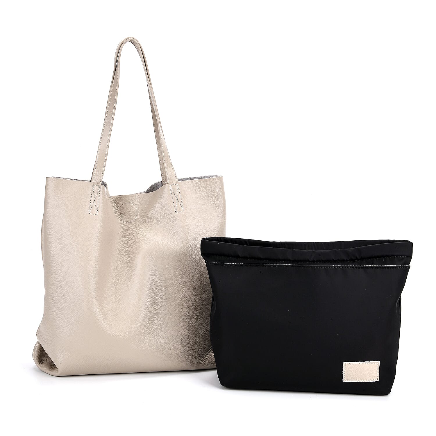 2-in-1 Genuine Leather Tote Bag - Pouch - White