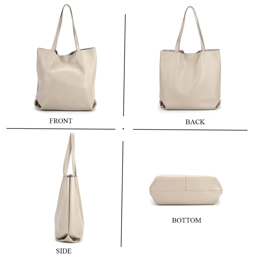 2-in-1 Genuine Leather Tote Bag - Pouch - White