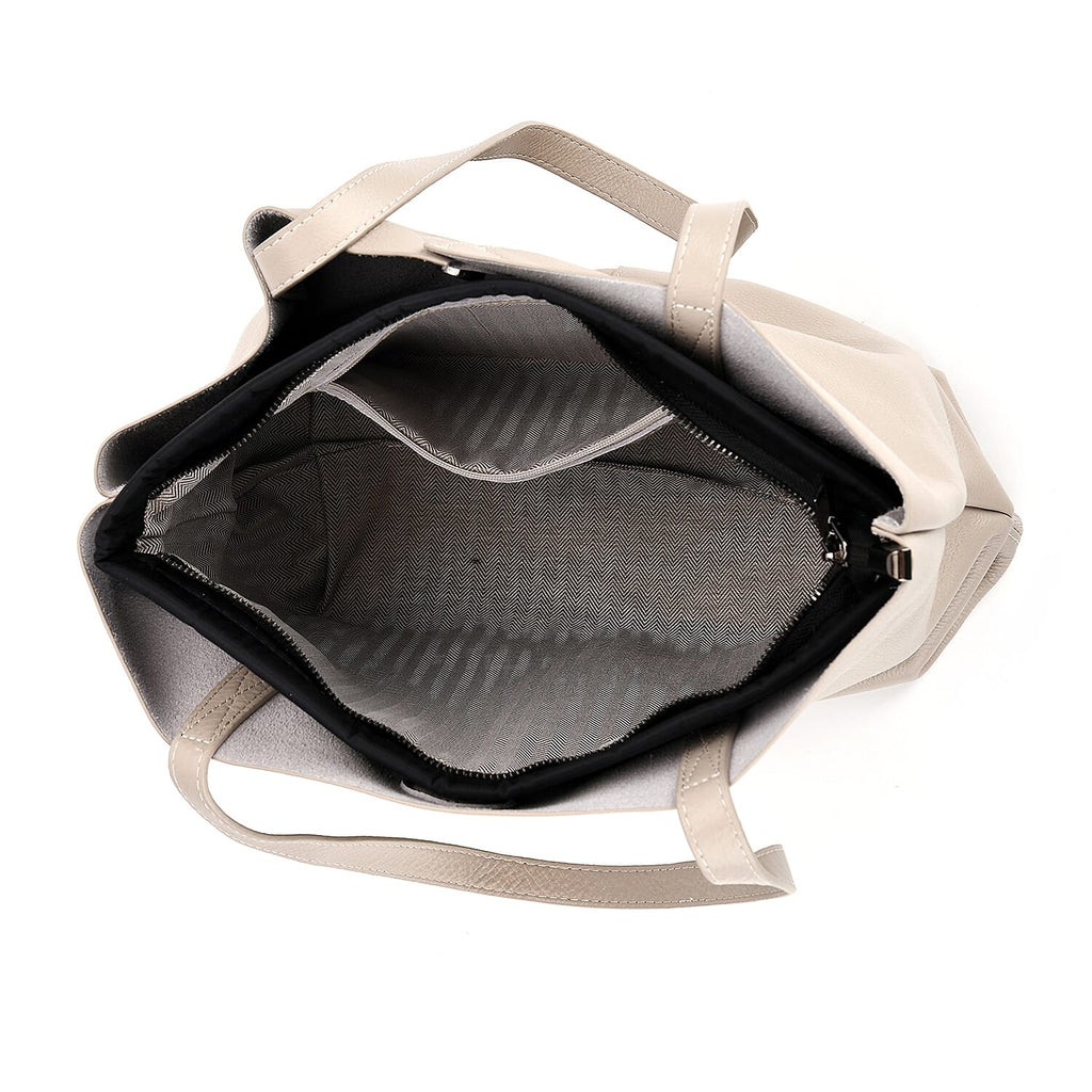2-in-1 Genuine Leather Tote Bag - Pouch - White