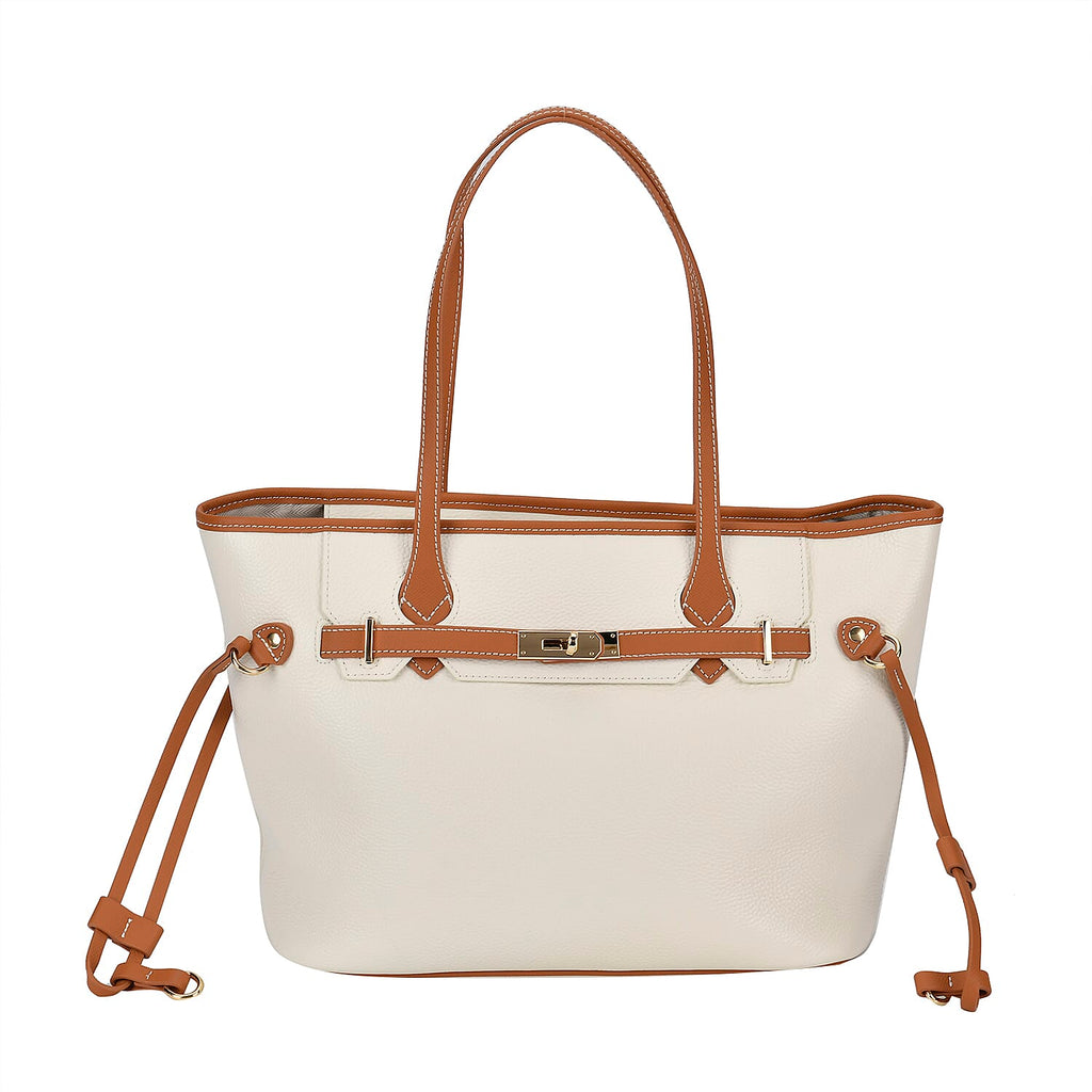 Genuine Leather Tote Bag - Cream