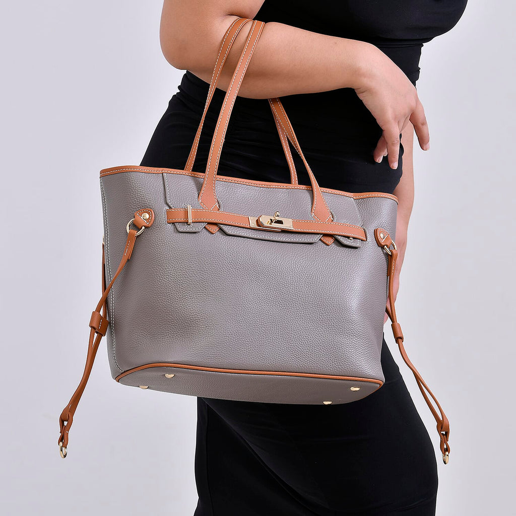 Genuine Leather Tote Bag - Grey