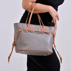 Genuine Leather Tote Bag - Grey