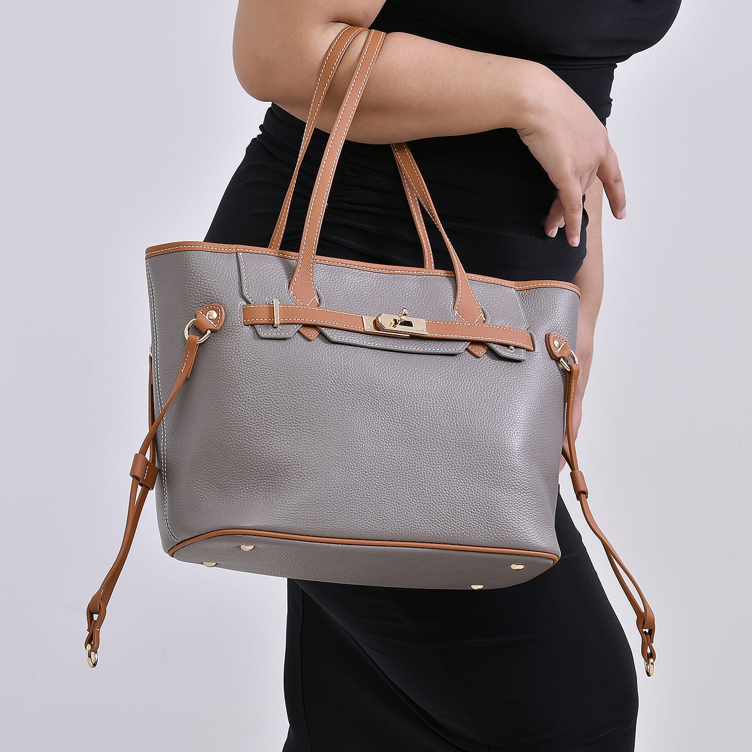 Genuine Leather Tote Bag - Grey