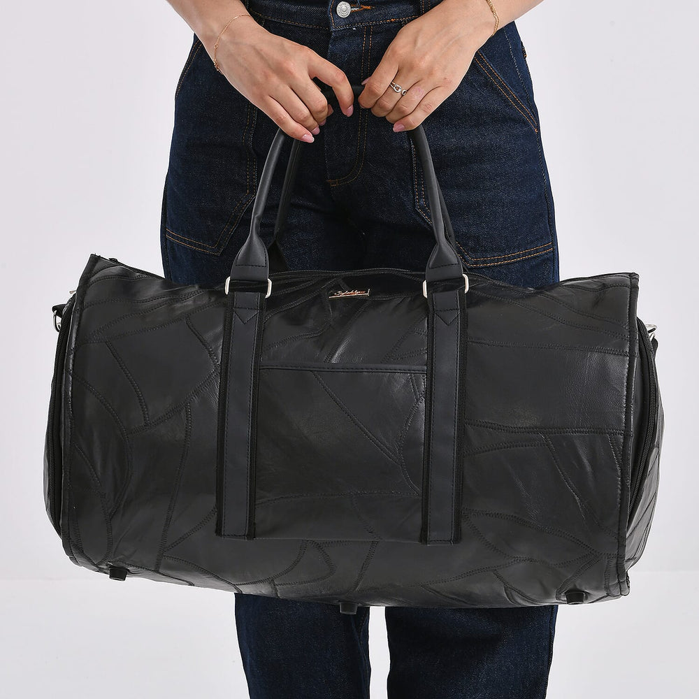 Styled By 100% Genuine Leather 2-in-1 Garment Suit Convertible Duffel Bag - Black