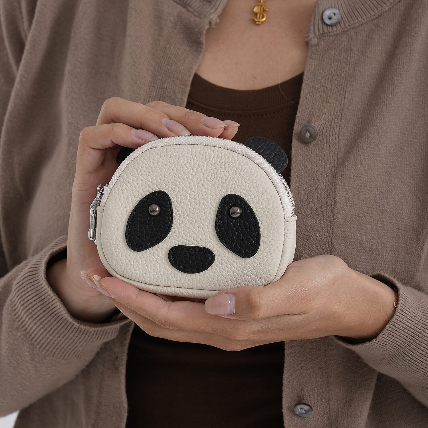 Genuine Leather Panda Print Pattern Wallet with Dual Zip (Size 12x4x10 cm) - Off White