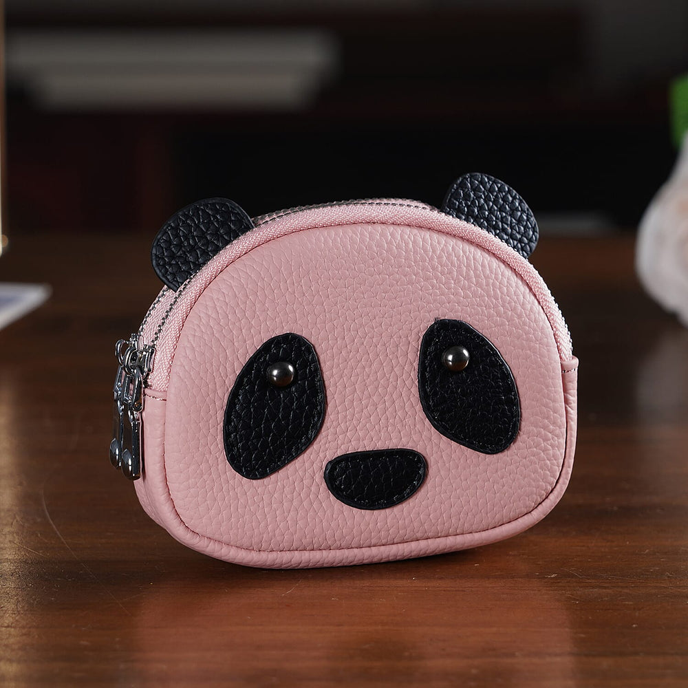 Genuine Leather Panda Print Pattern Wallet with Dual Zip (Size 12x4x10 cm) - Pink
