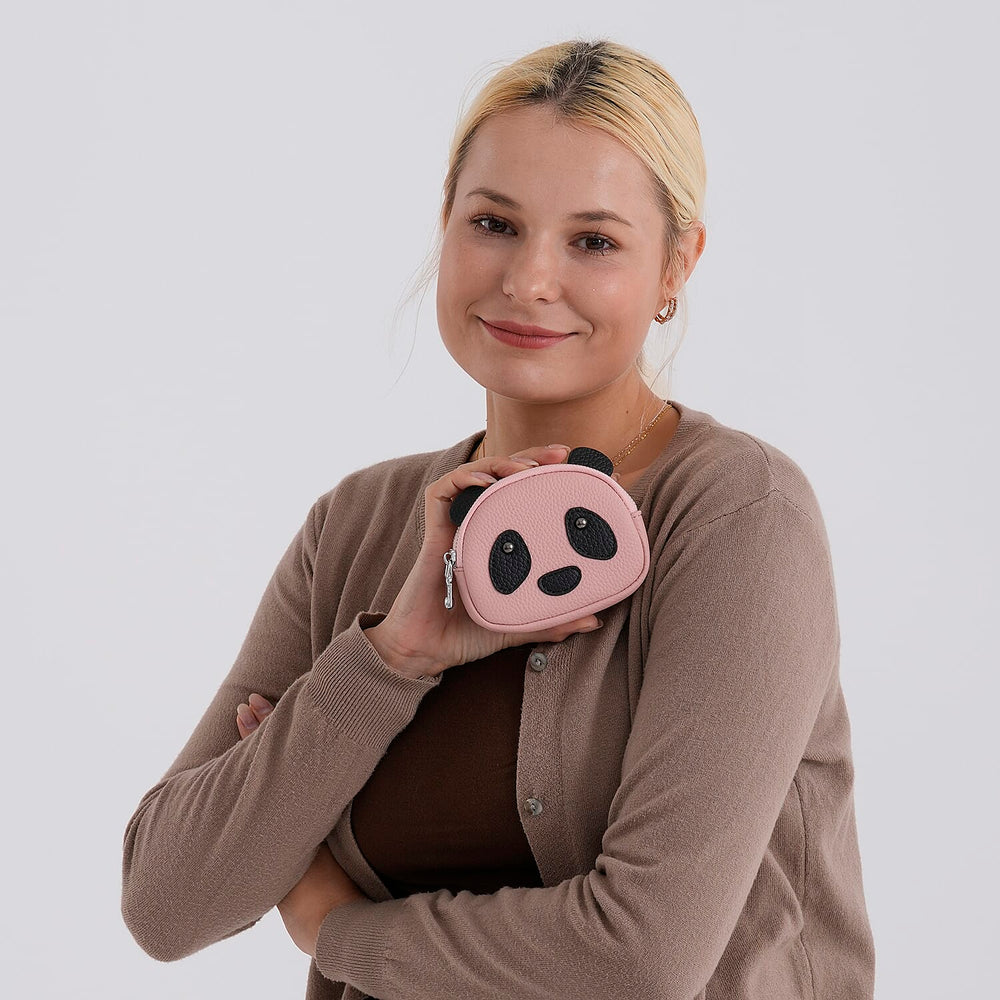 Genuine Leather Panda Print Pattern Wallet with Dual Zip (Size 12x4x10 cm) - Pink