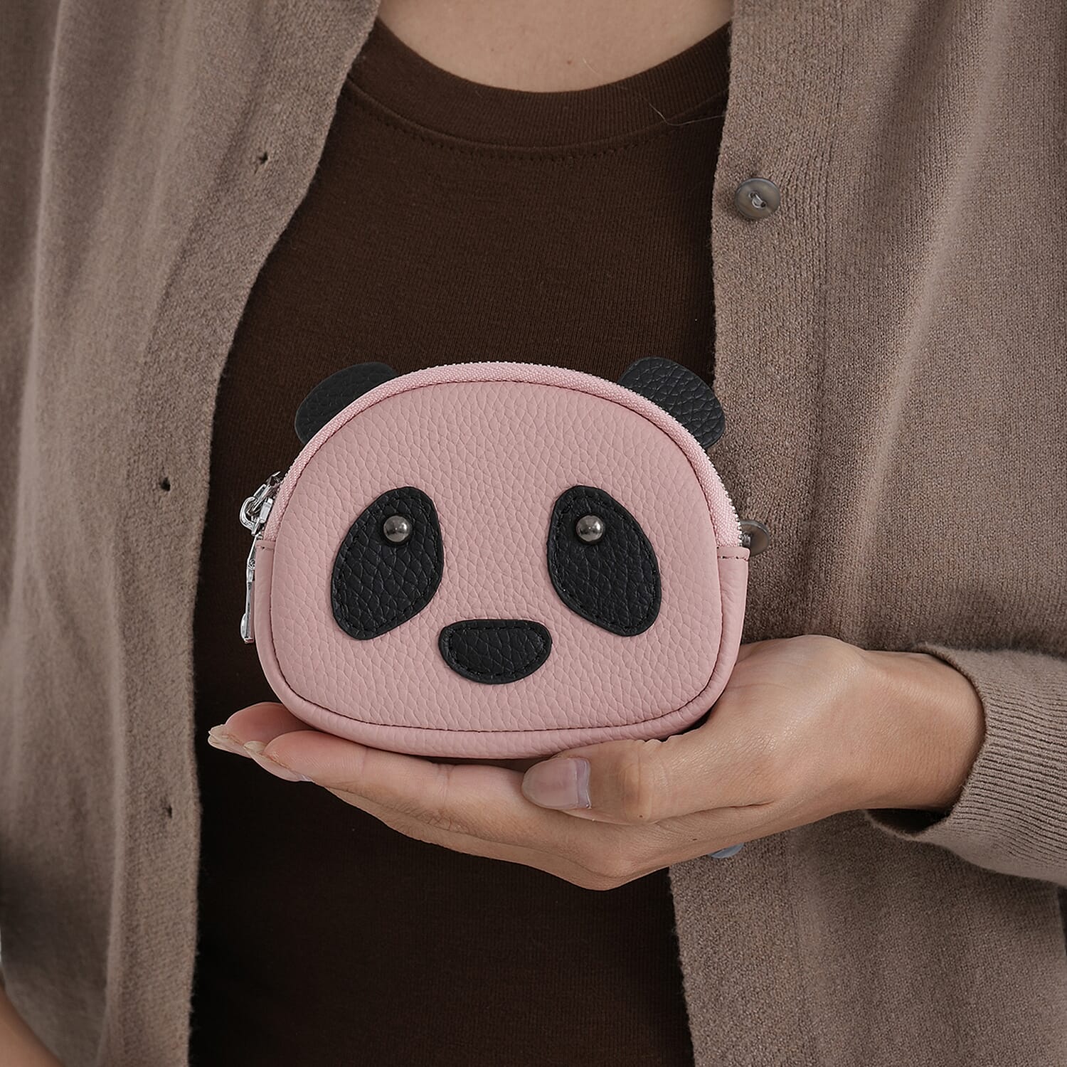 Genuine Leather Panda Print Pattern Wallet with Dual Zip (Size 12x4x10 cm) - Pink