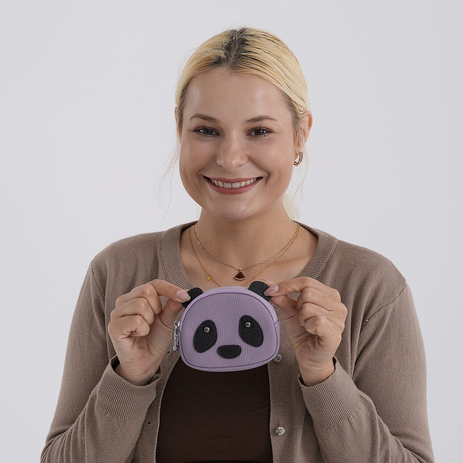 Genuine Leather Panda Print Pattern Wallet with Dual Zip (Size 12x4x10 cm) - Purple