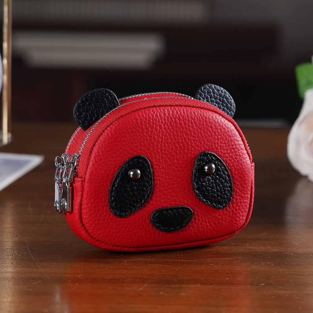 Genuine Leather Panda Print Pattern Wallet with Dual Zip (Size 12x4x10 cm) - Red