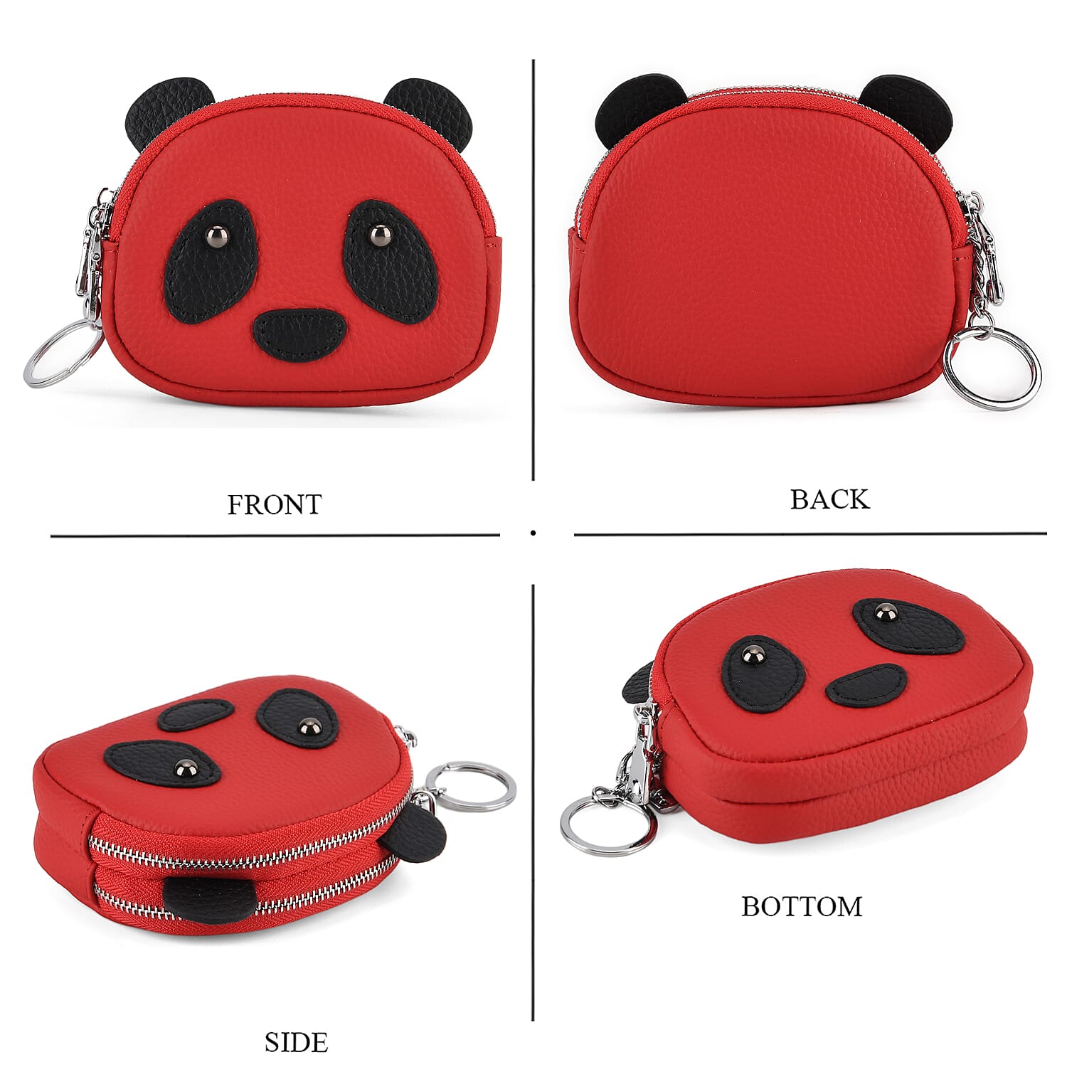 Genuine Leather Panda Print Pattern Wallet with Dual Zip (Size 12x4x10 cm) - Red