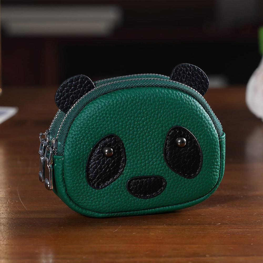Genuine Leather Panda Print Pattern Wallet with Dual Zip (Size 12x4x10 cm) - Teal